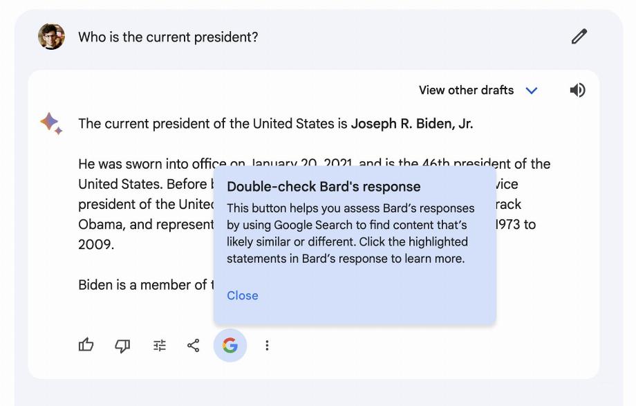 La fonction « double vérification » de Bard vous permettra de vérifier les réponses générées par l'intelligence artificielle de Google. (Google)