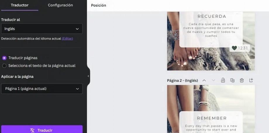 Le traducteur de Canva produit rapidement la même pièce graphique mais dans une autre langue. (Toile)