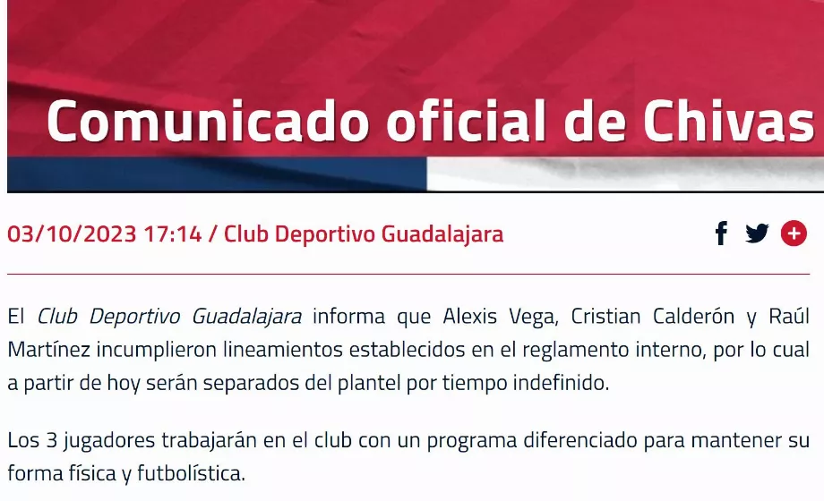 Déclaration de Chivas concernant la séparation de ses joueurs en raison de problèmes disciplinaires. .