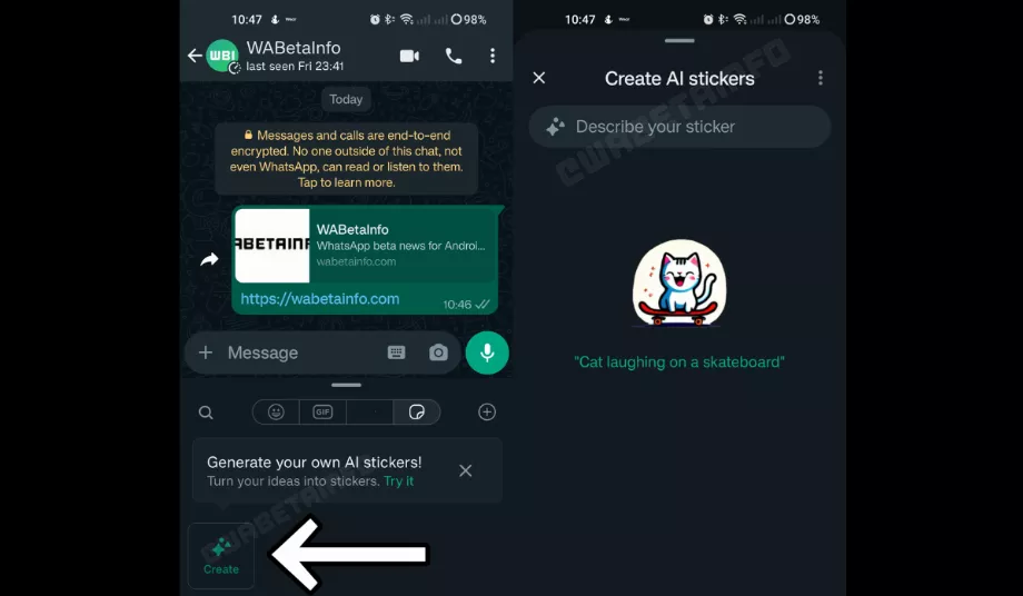 Génération d'autocollants avec IA dans la version bêta de WhatsApp pour Android. (WABetaInfo)