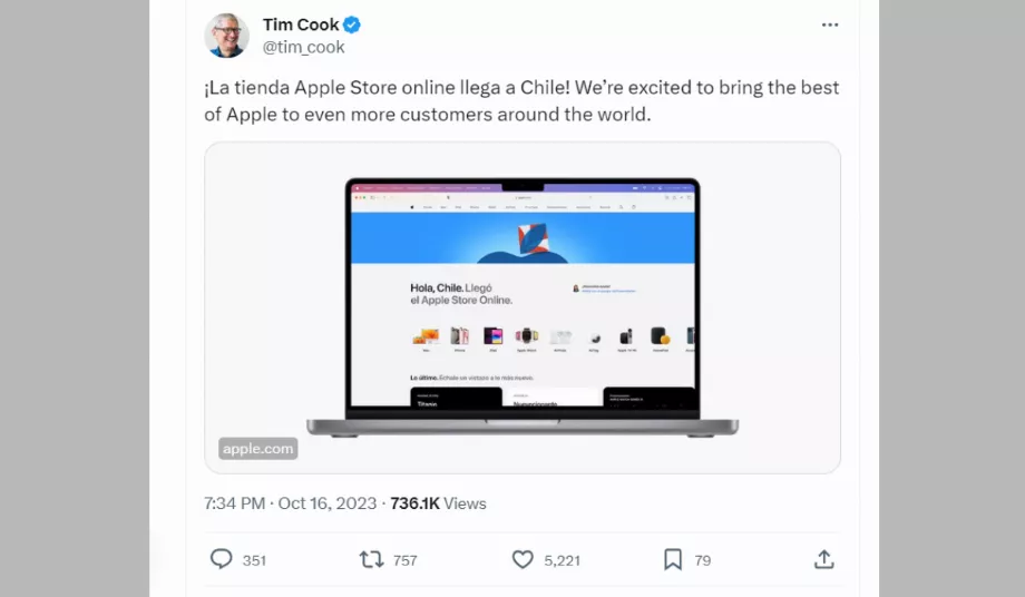 Tim Cook, PDG d'Apple, était chargé d'annoncer l'ouverture de la boutique en ligne au Chili.