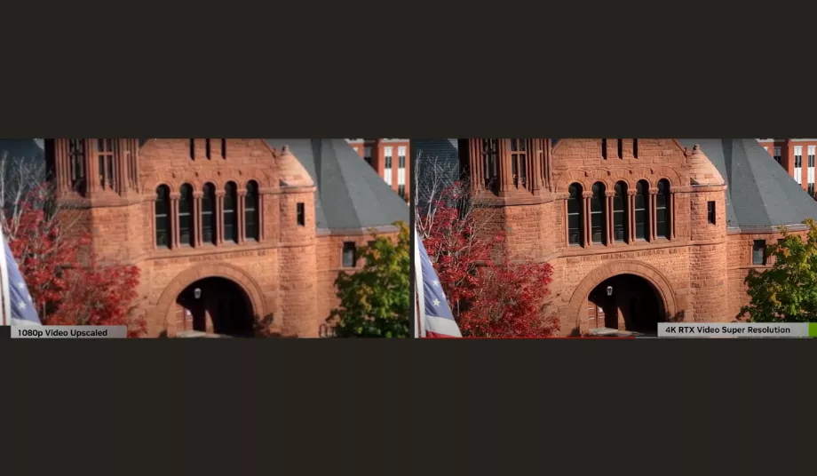 Un exemple de la façon dont la technologie de mise à l’échelle RTX Video Super Résolution améliore considérablement les détails de l’image. (NVIDIA)