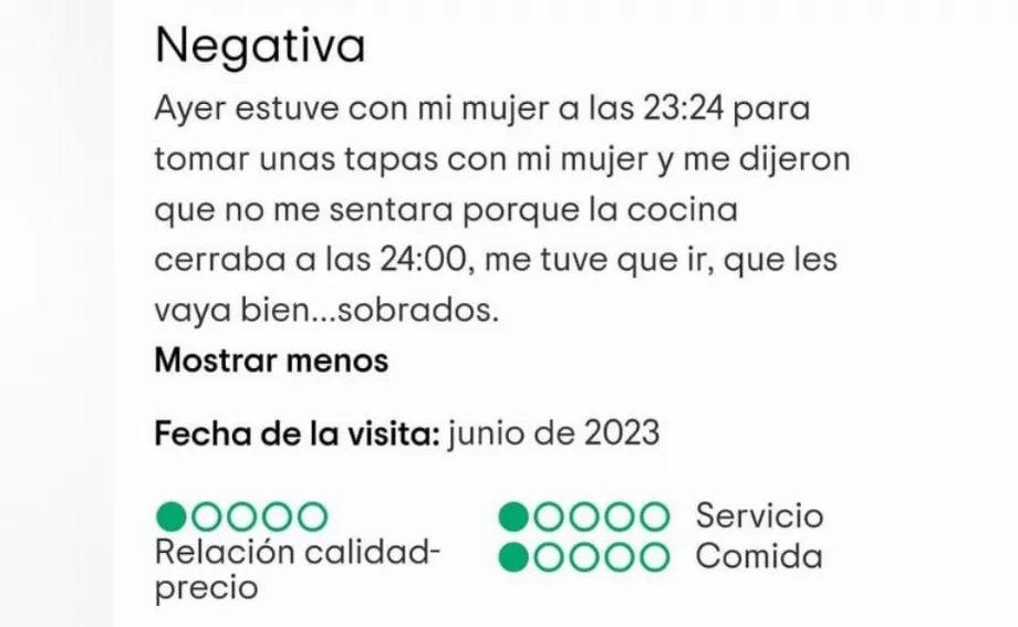 L'avis négatif de la personne qui n'a pas pu entrer car ils étaient déjà fermés (@soycamarero)