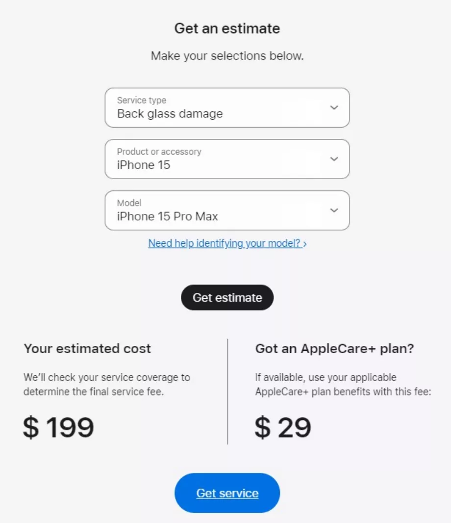 Prix de réparation pour l'iPhone 15 Pro Max. (Capturer)