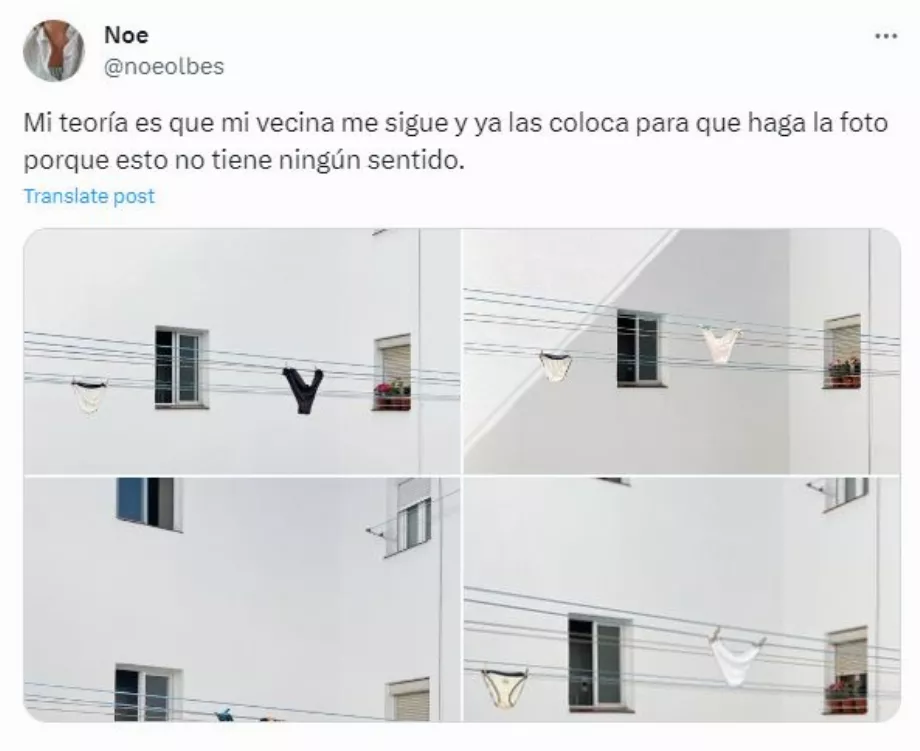 La théorie d'une utilisatrice de Twitter lorsqu'elle a vu les vêtements suspendus de son voisin. (@noeolbes)