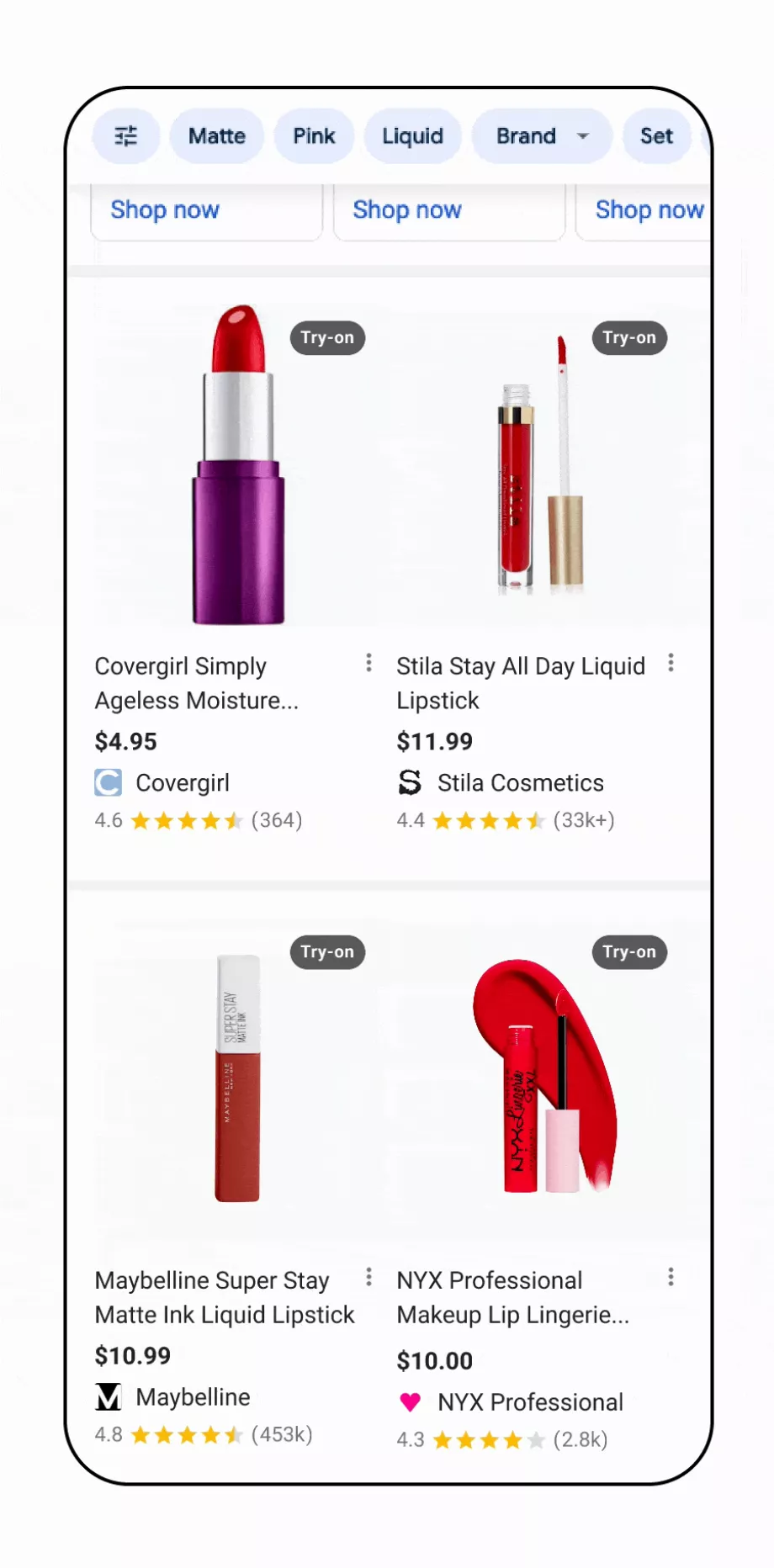 Dans le cas des bases de maquillage, s'il n'y a pas de modèle avec le teint, l'utilisateur peut voir à quoi ressemble le ton sur celles-ci. (Google)