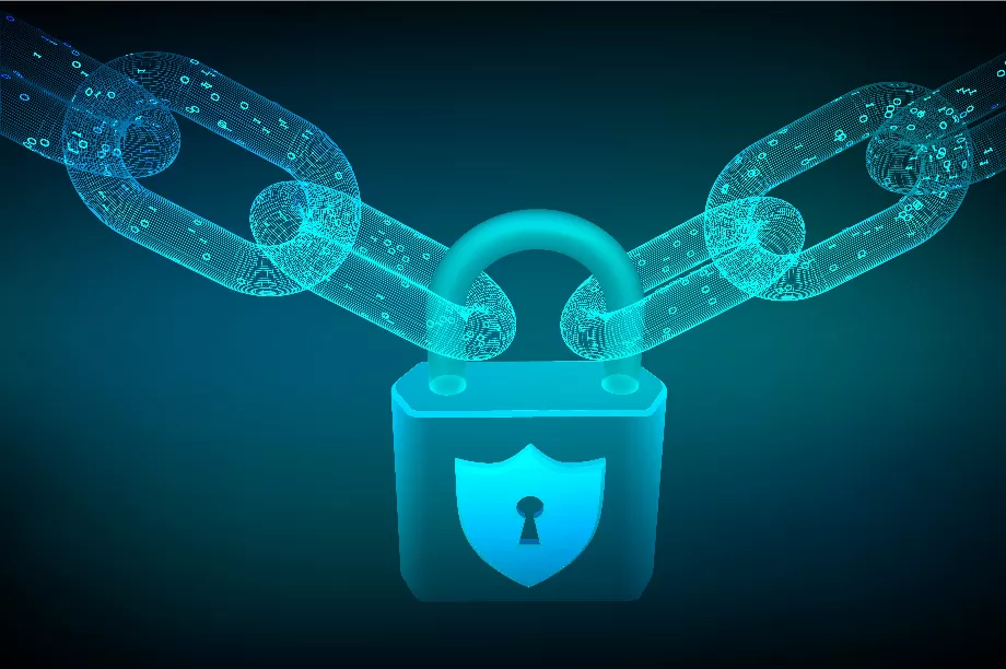 Chaîne de blocs. Verrouillage. Cyber sécurité, sécurité, confidentialité ou autre concept. Chaîne filaire 3D avec code numérique. Notion de chaîne de blocs. Modèle de crypto-monnaie modifiable. illustration vectorielle