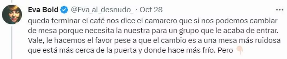 La mauvaise expérience d'une jeune femme et de son amie dans un café de Madrid. (Twitter : @Eva_al_desnudo)
