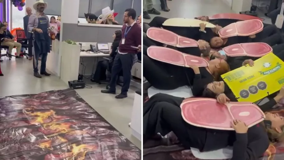 Les ouvriers se tiennent debout sur la bâche avec une image de grill à cuire. (TikTok @stephyibaguar)