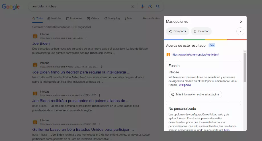 Lorsque les utilisateurs saisissent, par exemple, « Joe Biden mot-avec » dans le moteur de recherche, ils ont la possibilité d'en savoir plus sur le résultat. (mot-avec)