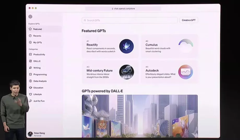 Sam Altman présente la boutique OpenAI pour les robots GPT personnalisés. (OpenAI)