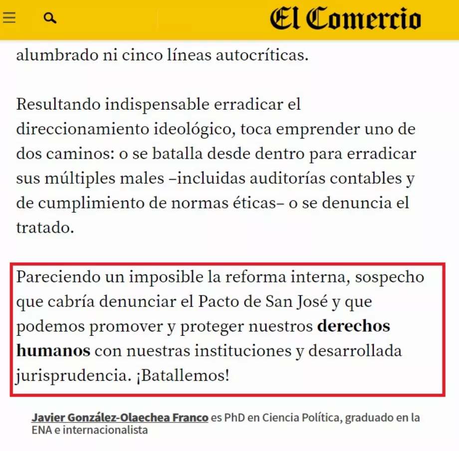 Le nouveau chancelier González-Olaechea a indiqué qu'il fallait dénoncer le Pacte de San José. Photo : journal El Comercio.