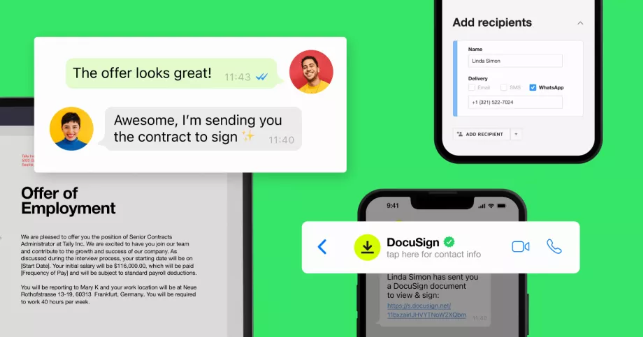 Les utilisateurs de DocuSign peuvent désormais envoyer des liens pour signer des contrats et des accords via WhatsApp. (DocuSign)