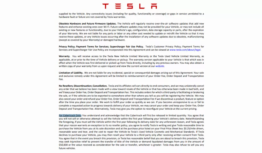 Contrat d'achat précédent qui comprenait la clause intitulée Uniquement pour Cybertruck. (Tesla)