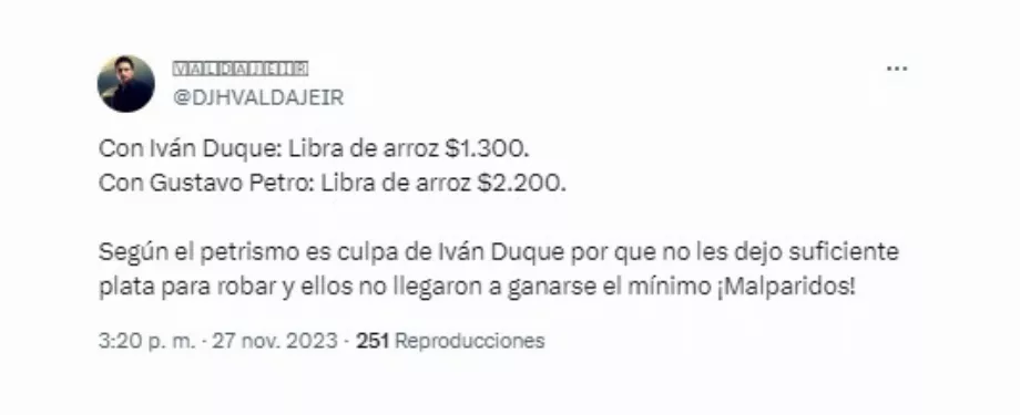 Plusieurs citoyens soulignent que le président Gustavo Petro diffère considérablement de ce que l'ancien président Iván Duque représentait dans son mandat - crédit @DJHVALDAJEIR/X