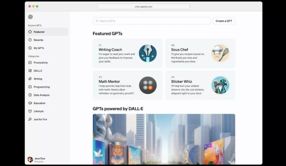 Le GPT Store, la plateforme d'OpenAI pour partager et monétiser des versions personnalisées du chatbot ChatGPT. (OpenAI)