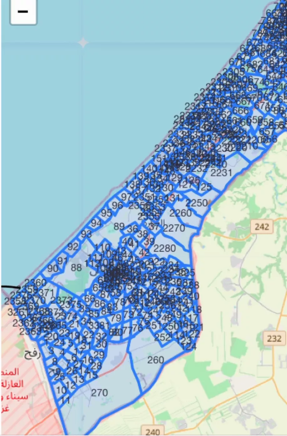Carte de la bande de Gaza générée par l'intelligence artificielle dans laquelle le territoire est divisé en cellules. (Dernières nouvelles d'Israël)