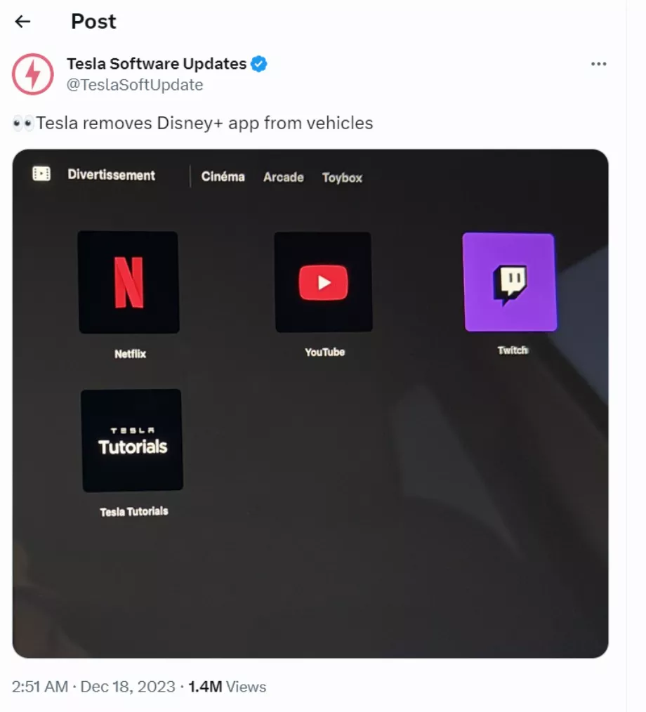 Malgré la suppression de l'application, Tesla propose une alternative pour utiliser Disney+ via le navigateur de la voiture. (X)