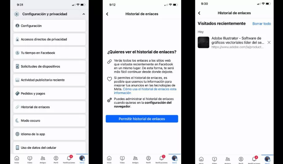 Étape par étape pour accéder à la fonction Link History. (Facebook)