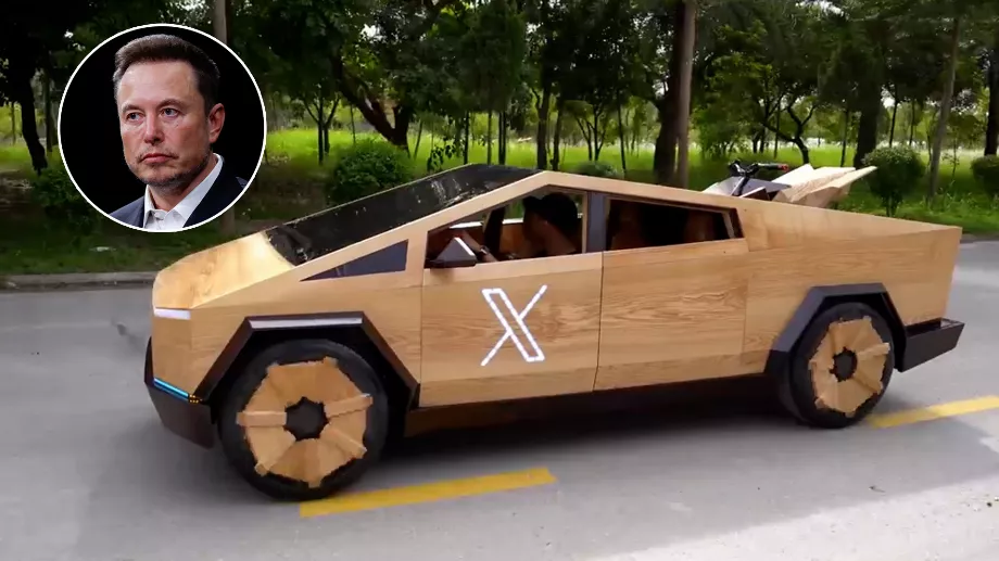 ND - Woodworking Art aspire à offrir sa version artisanale du Cybertruck, qui imite avec précision même les détails intérieurs de l'original. (Photocomposition Infobae)