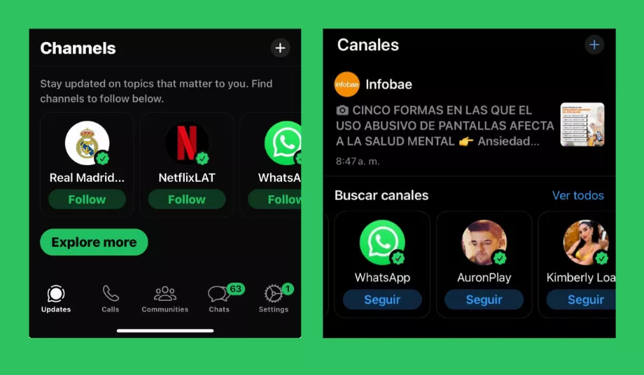 La comparaison dans la section des canaux montre que la couleur verte est la couleur prédominante dans l'interface de l'application. (WhatsApp)