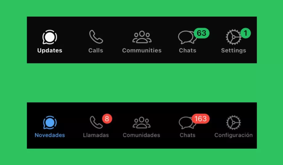 Les notifications ne sont plus en rouge et la couleur bleue de l'option sélectionnée disparaît également. (WhatsApp)