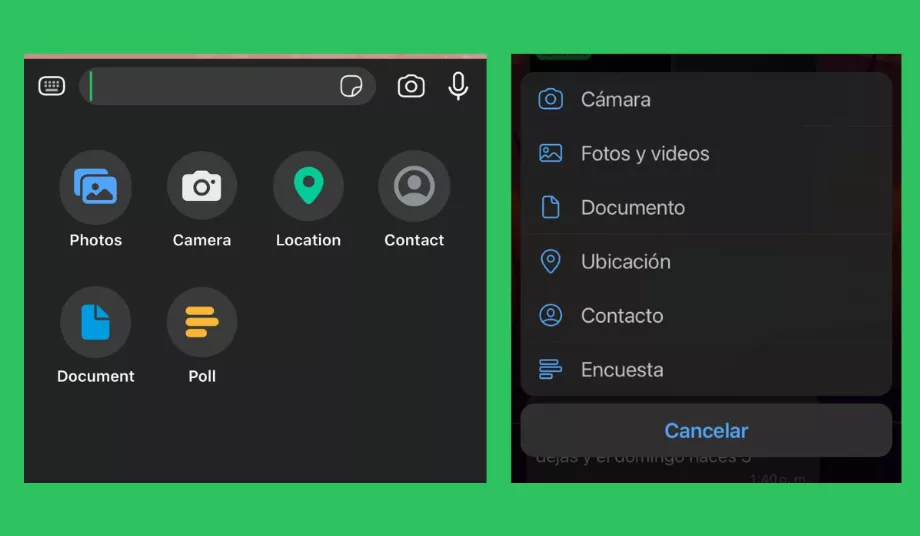 Les icônes des options disponibles lors de l'envoi d'un fichier changent également. (WhatsApp)