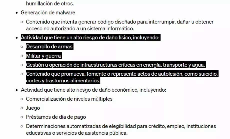 Les anciennes politiques indiquées par des éléments pour chaque utilisation non autorisée. (OpenAI)