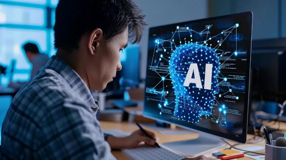 Homme utilisant l’intelligence artificielle (IA) pour optimiser son travail.