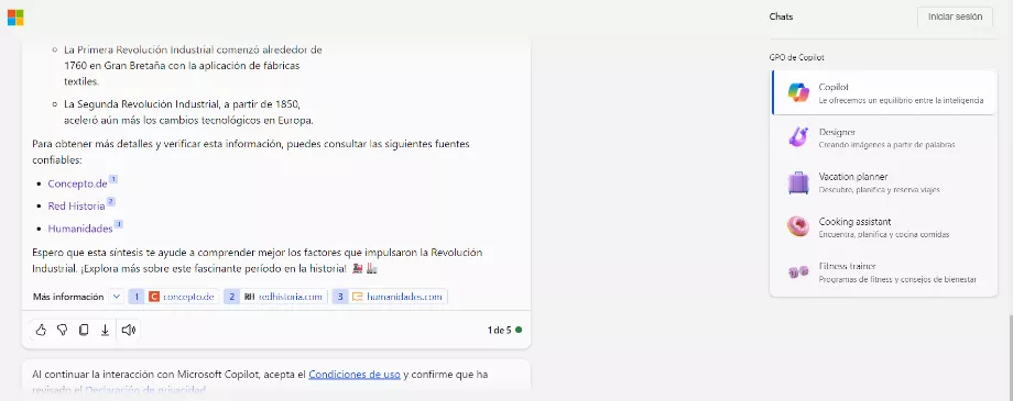 A la fin de chaque réponse, Copilot fournit des informations sur ses sources. (Copilote)