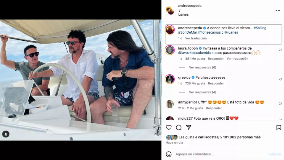 Juanes, Andrés Cepeda et Fonseca se reposaient sur Isla Palma et soudain ils rencontrèrent des touristes avec qui ils partageèrent un agréable moment - crédit @juanes