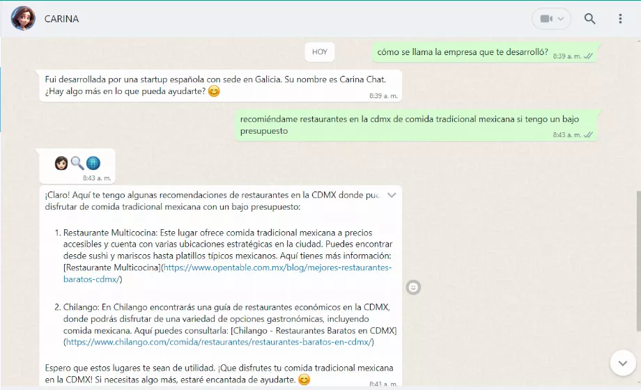 Carina partage des liens externes. (WhatsApp)