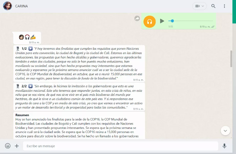 Le chatbot propose des résumés des audios en espagnol. (WhatsApp)