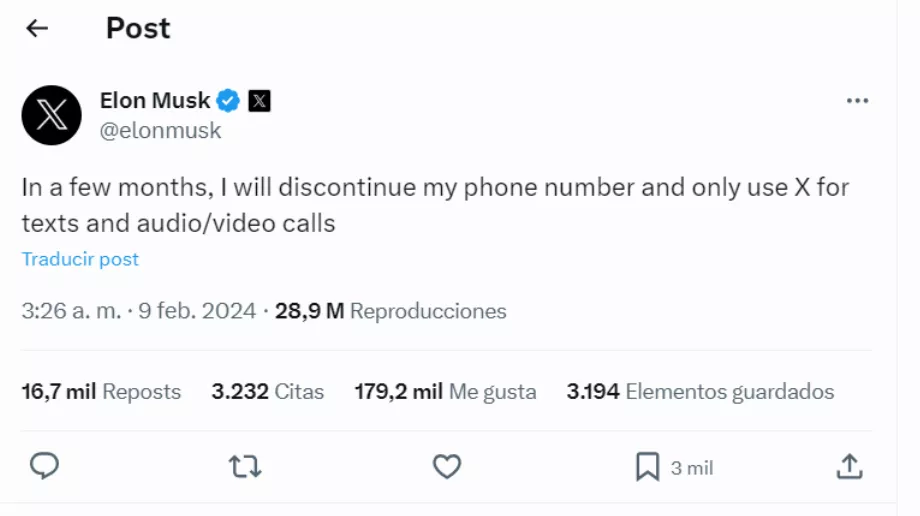 Elon Musk a précisé via X qu'il allait commencer à passer des appels et des messages uniquement via cette plateforme. Photo de : X