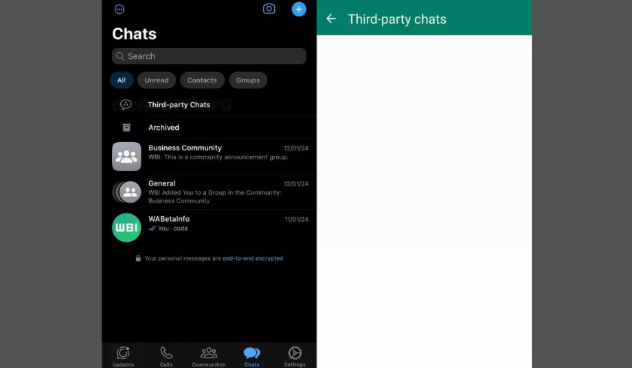 Ceux qui activent cette fonctionnalité auront un menu « Discussions tierces » en haut de leur boîte de réception. (WaBetaInfo)