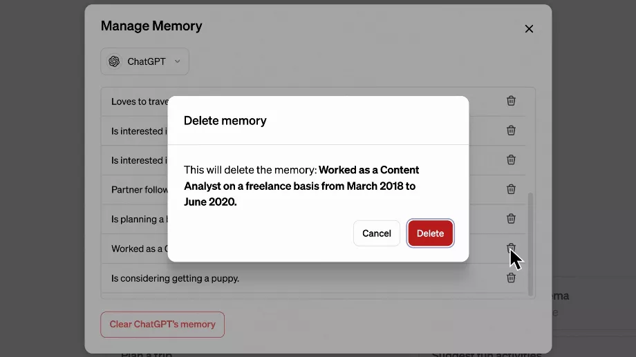 Il existe également la possibilité de supprimer toute la mémoire. (OpenAI)