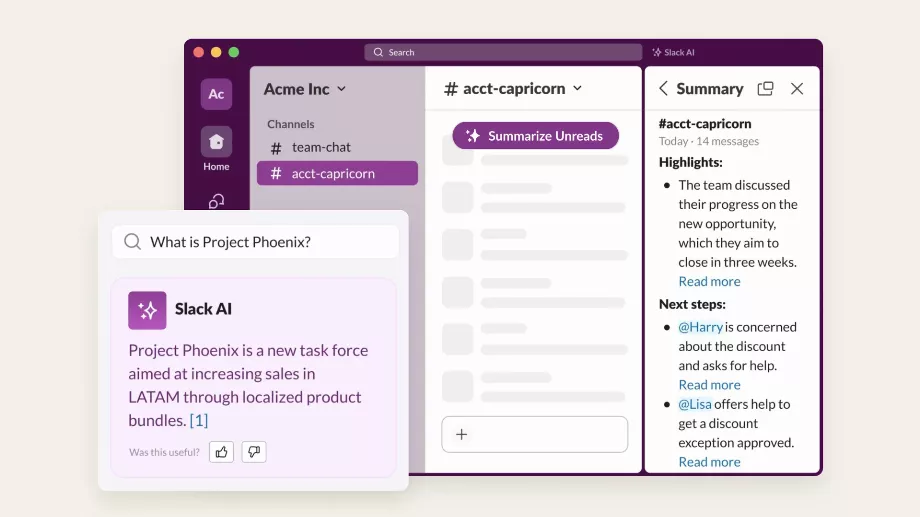 La plateforme Slack intègre des outils d'IA générative pour résumer les fils de discussion, récapituler les chaînes et répondre aux questions. Photo de : Slack