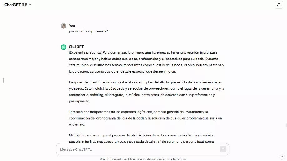 Il est important que le bot propose où commencer le processus de planification du mariage. (OpenAI)
