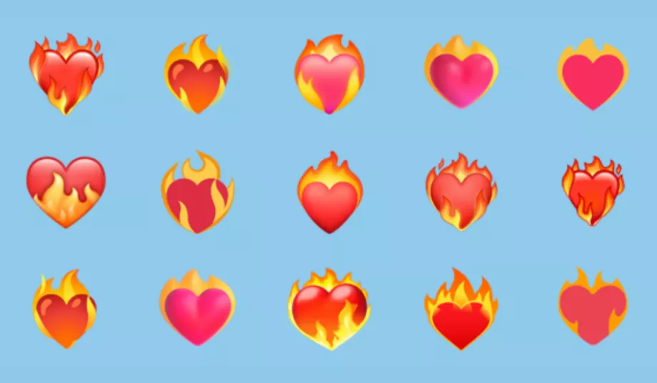 Différents types d'émojis cardiaques avec des flammes. (Emojipédia)