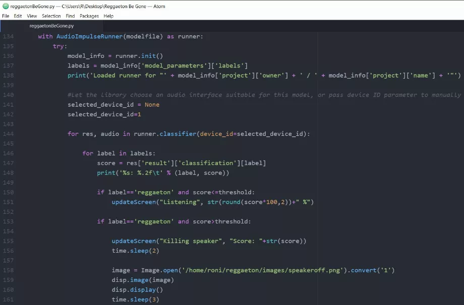 Code Python qui configure le fonctionnement de « Reggaeton Be Gone ». (Tiré des réseaux sociaux).
