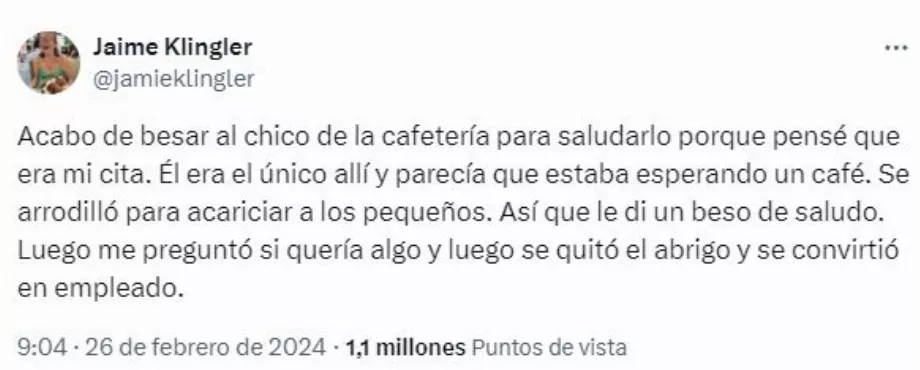 Un baiser mal dirigé à la cafétéria : quand les blind dates deviennent une comédie virale sur les réseaux sociaux. (X : @jamieklingler)