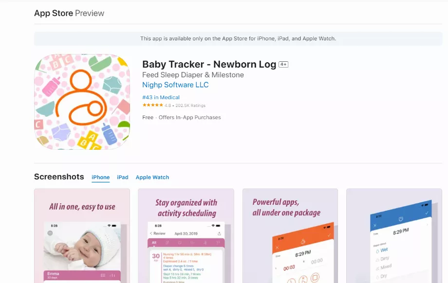 Baby Tracker peut être utilisé depuis une Apple Watch. (Traqueur de bébé)