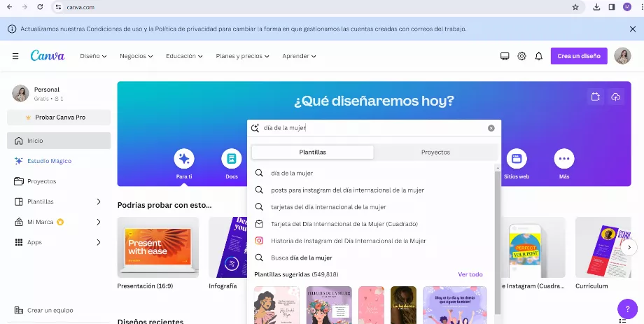 Tapez simplement « Journée de la femme » dans le moteur de recherche Canva. (Toile)