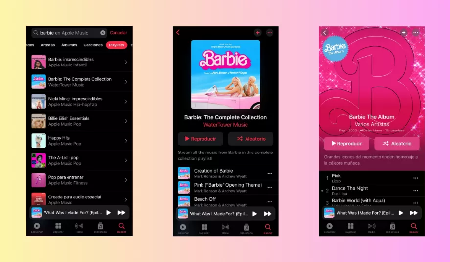 La playlist et l'album avec les chansons du film Barbie sur Apple Music. (Manzana)