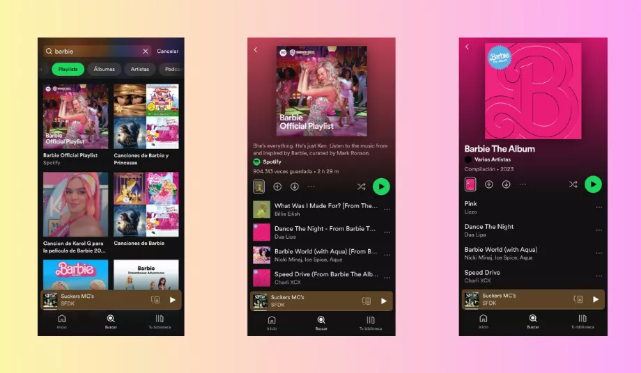 La playlist et l'album avec les chansons du film Barbie sur Spotify. (Spotify)
