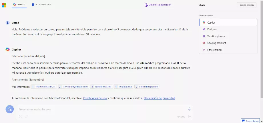 Exemple de la façon dont dans Microsoft Copilot vous pouvez demander un e-mail. (Copilote)