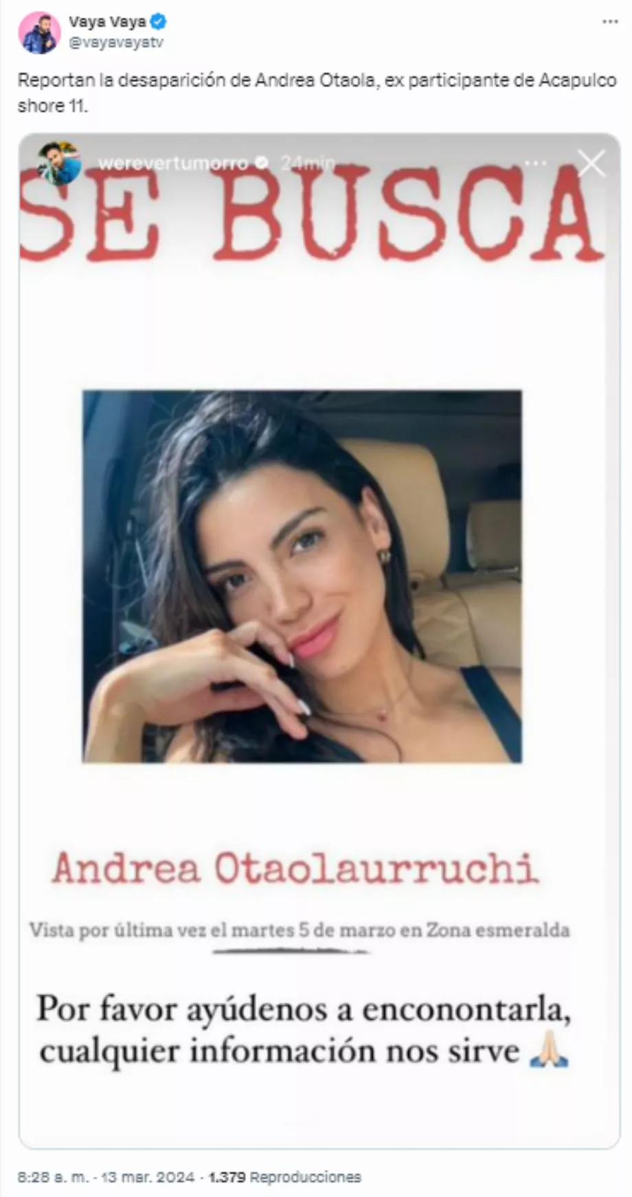 La disparition présumée d'Andrea Otaolaurruchi a été rapportée dans X. Photo : @vayavayatv
