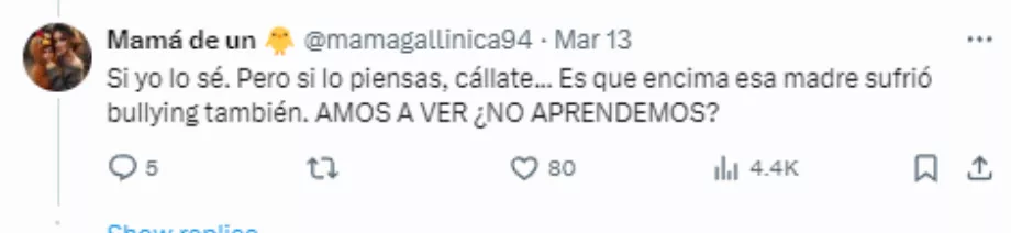 L'attitude surprenante d'une mère qui justifie le harcèlement, alors qu'elle en a été victime dans son enfance (X : @mamagallinica94)