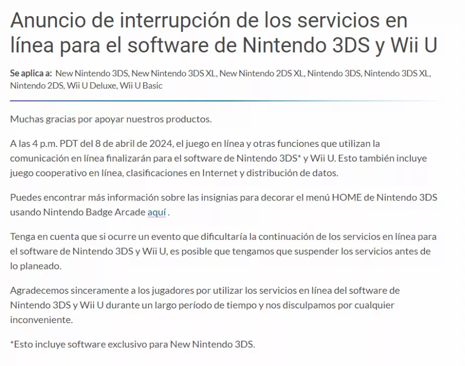 L'interruption concernera uniquement les services en ligne. (Nintendo)