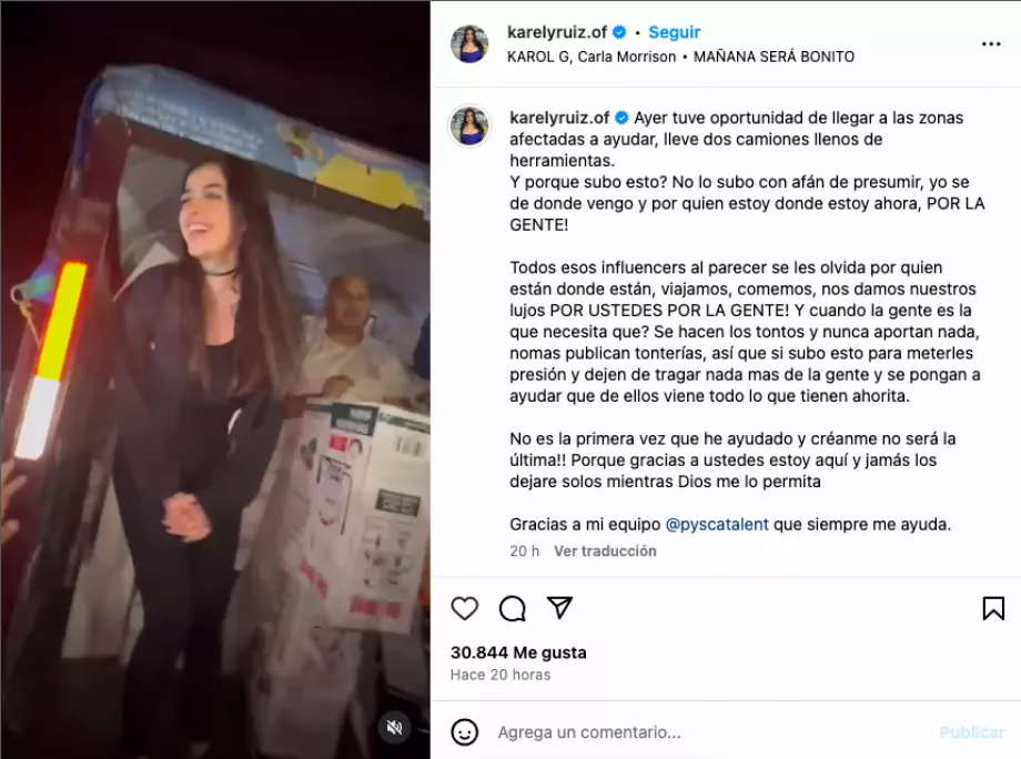 Karely Ruiz a publié une vidéo sur ses réseaux sociaux dans laquelle elle montre son soutien aux victimes de Veracruz. (@karelyruiz.of)